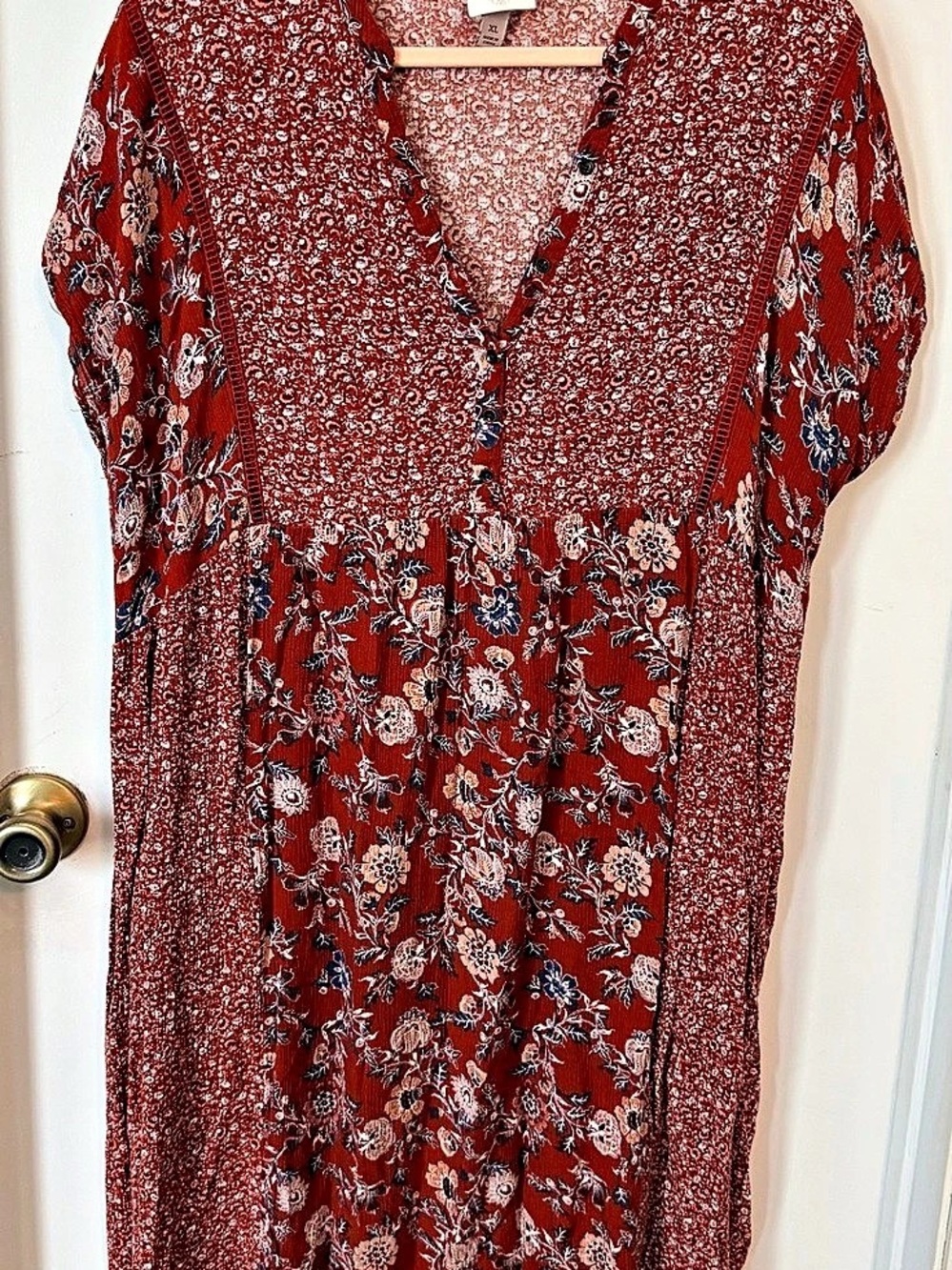 Knox Rose XL Rust Floral Boho Midi Dress Mixed Print Button Front